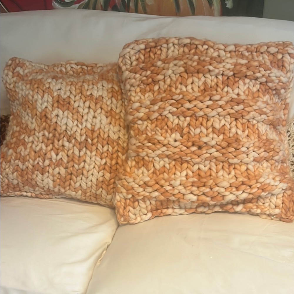 Chunky Wool Knit Throw Pillow Covers (x2) - Orange and Cream